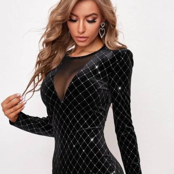 MONARCH FASHION Dresses & Skirts - Black Sheer Mesh Insert Plaid Glitter Bodycon Dress
